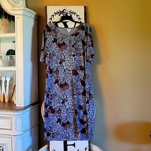 NWOT LULAROE GRAY DRESS WITH BURGUNDY AND BLACK FLORAL DESIGNS